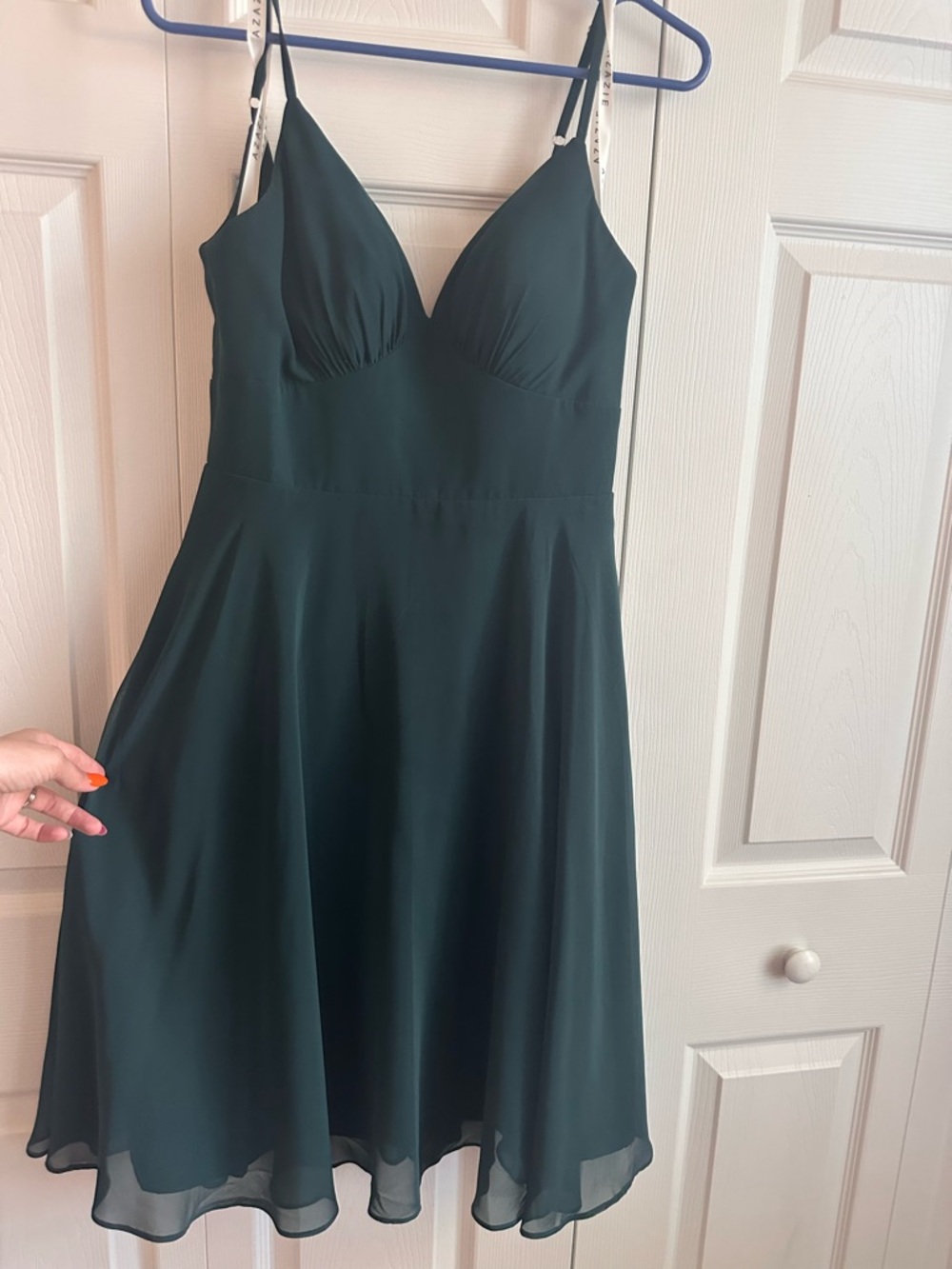 Azazie Dark Green Spaghetti Strap Midi Dress